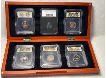6 ICG Authenticated Slabbed Coins In Wooden Case