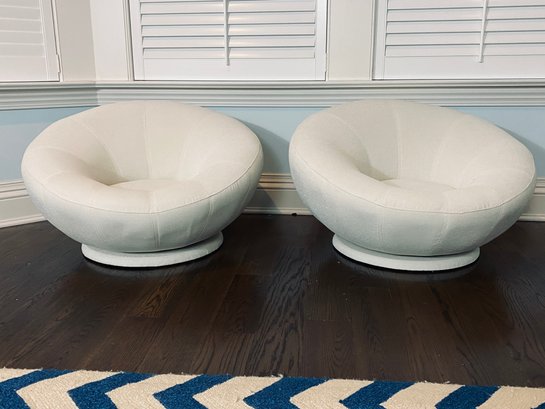 Pair Of White Pottery Barn Teen Chenilles Washed Groovy Swivel Chairs