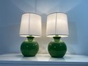 Pair Of Green Land Of Nod Ceramic Lamps With White Linen Shade