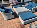 Collection Of White Painted Outdoor Wicker Set With Blue Cushions With White Piping