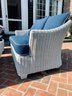 Collection Of White Painted Outdoor Wicker Set With Blue Cushions With White Piping