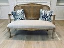 Noble House Furnishings Wood Love Seat With Fabric Seat & Cane Back