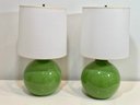 Pair Of Green Land Of Nod Ceramic Lamps With White Linen Shade