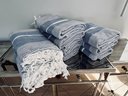 Set Of 10 Frontgate White & Blue Bath Sheets With White Fringe