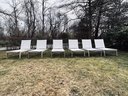 Set Of 6 Frontgate Teak & Metal Frame Chaise Lounges With White Fabric Slings