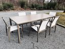 Frontgate Hollow Metal Faux Wood Top Outdoor Dining Table With Six Arm Chairs