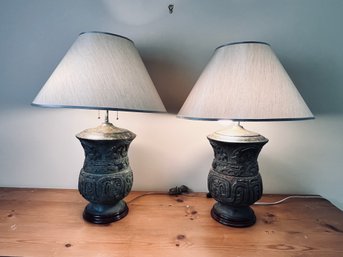 Pair Of Antique Ceramic Lamps With Carved Detail With Mint-Colored Shade