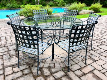 Brown Jordan Gray Metal Outdoor Dining Set - Round Glass Top Table With Six Armchairs