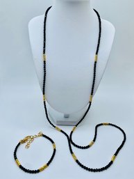 Black Spinel 18k Yellow Gold Plating Over Sterling Silver 35' Necklace 0.48ctw And 6' Matching Bracelet