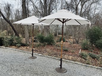 Pair Of Frontgate White Patio Umbrella With Brown Painted Metal Weighted Base