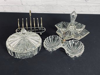 Trio Of Cut Crystal Serving Dishes With Silver Plate Napkin Holder