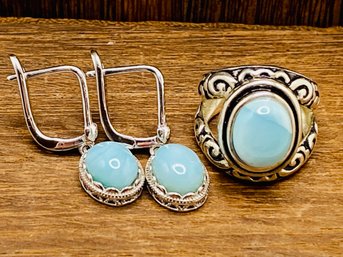 9x7mm Oval Blue Cabochon Larimar Sterling Silver Earrings And 10x8mm Solitaire Ring - Size 4