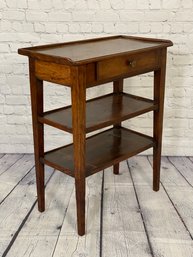Dark Wood Antique Side Table With One Drawer And Two Shelves