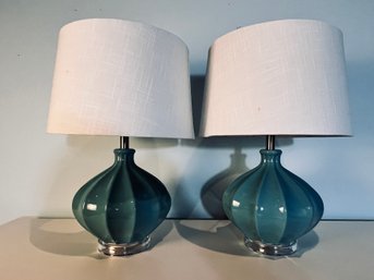 Pair Of Aqua Gourd Lamps On Lucite Bases With White Linen Shades