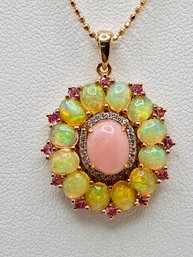 2.68ctw Peruvian Pink Opal, Pink Sapphire And White Zircon 10k Rose Gold Pendant With 24' Chain