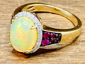 9x7mm Oval Opal With White Topaz And Pink Spinel 14k Halo Ring - Size 6