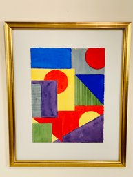 Signed, Painted Gold Framed Abstract Mark Zimmerman Water Color On Canvas - Untitled Geometric Shapes