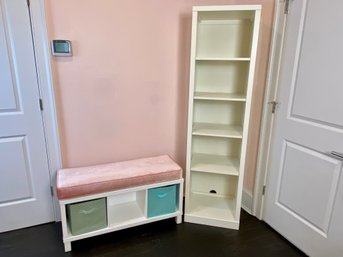 Kid's White Painted Storage Bench With Pink Velvet Cushion And Single White Painted Narrow Bookcase