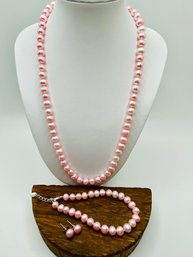 6-7mm Pink Cultured Freshwater Pearl Silver 18 Necklace, 7 1/2' Bracelet And Stud Earrings