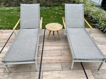 Pair Of Barlow Tyrie Tan Mesh, Platinum Metal And Teak Lounge Chairs With Round Gloster Teak Side Table