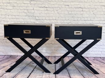 Pair Of Navy Single Drawer With Brushed Nickel Accents & X-Legs Campaign Side Tables