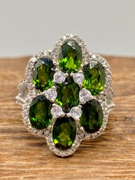 3.52ctw Oval Russian Chrome Diopside With .91ctw Round White Zircon Sterling Silver Cluster Ring - Size 4