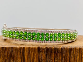 Round Russian Chrome Diopside And Round White Zircon Sterling Silver Bangle Bracelet - Size 7