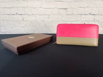 Celine Pink And Taupe Leather Zipper Wallet In Box