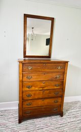 Antique Wood 6-drawer Dresser With Brass Detail And Wood-framed Mirror