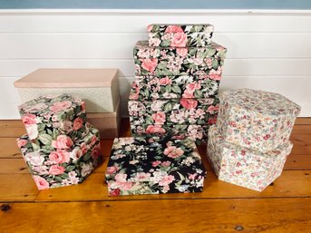 Array Of Various Storage Boxes, Most With Vintage Floral Print, Some Nesting