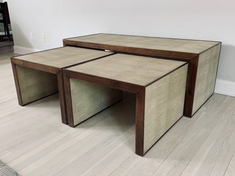 Unmarked, Leathered Finish Coffee Table With Two Nesting Side Tables