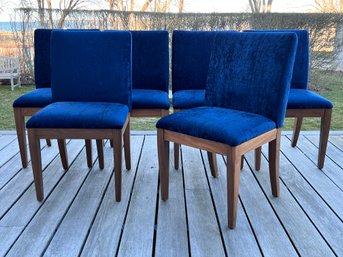 Set Of 6 Custom Dining Chairs With Gorgeous Navy Crushed Velvet Fabric And Walnut Legs
