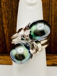 9-10mm Cultured Tahitian Pearl Silver Bypass Ring  Size 5