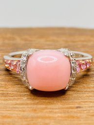 Square Cushion Cabochon Pink Opal With Round Pink Sapphire And Round Zircon Sterling Silver Ring - Size 6