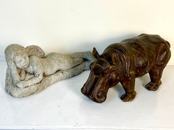 2 Piece Decorative Items - Cement Cherub And Brass Hippo