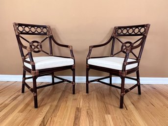 Pair Of Cane-wrapped Bamboo Arm Chairs With Upholstery Cushions