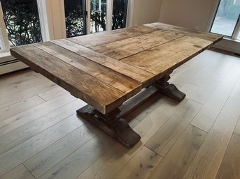 Restoration Hardware Wooden Belgian Trestle Dining Table With Two End Leaves