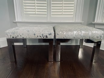 Pair Of Silver Cowhide And Chrome Stools
