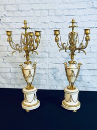Pair Of Marble & Ornate Gold Accent Candelabra