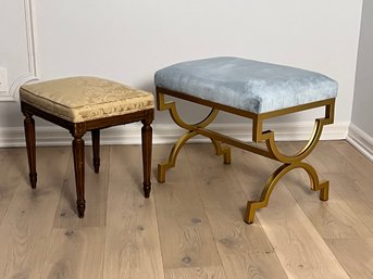 Two Stools - One Velour & Brass, One Wood & Fabric