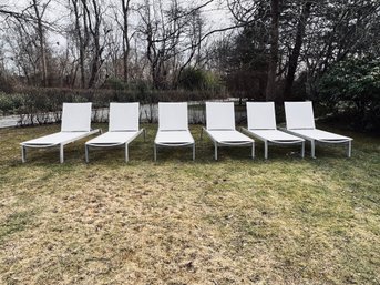Set #2 Of Frontgate Teak And Metal Chaise Lounges With White Fabric Slings