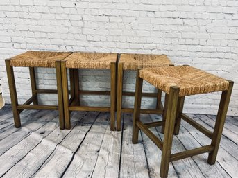 Set Of Four Pottery Barn Rattan Seat & Wood Frame Counter Height Bar Stools
