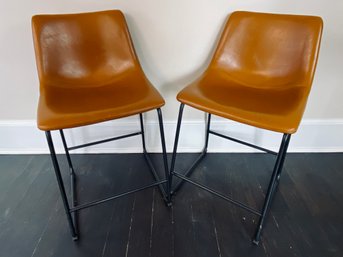 Pair Of Brown Faux Leather Bar Stools - Counter Height - Walker Edison - 2 Of 3