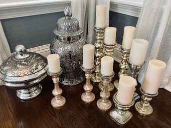 Large Collection Of Mercury Glass Candlesticks And Covered Jars