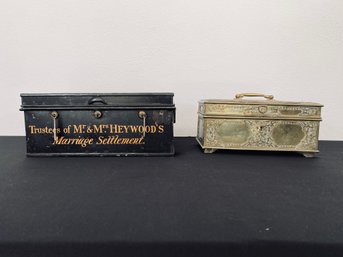 Pair Of Antiques - Metal Bank Box With Three Keys & Brass Jewelry Box