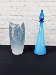 Pair Of Blue Items - Ceramic Vase & Glass Decanter