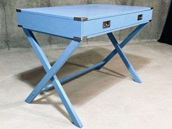 Blue Wooden 2 Drawer Trestle Style Desk With Chrome Detail