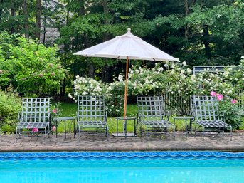 Set Of 4 Brown Jordan Gray Metal Chaise Lounges With One Sunbrella Patio Umbrella And Three Round Side Tables