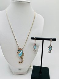 Larimar Cabochon With Blue Topaz Sterling Silver Seahorse Pendant And Dangle Earrings