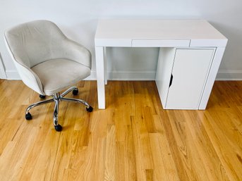White Lacquered Desk With Single Side Cabinet And Single Drawer And Armed Desk Chair On Wheels - Signs Of Use